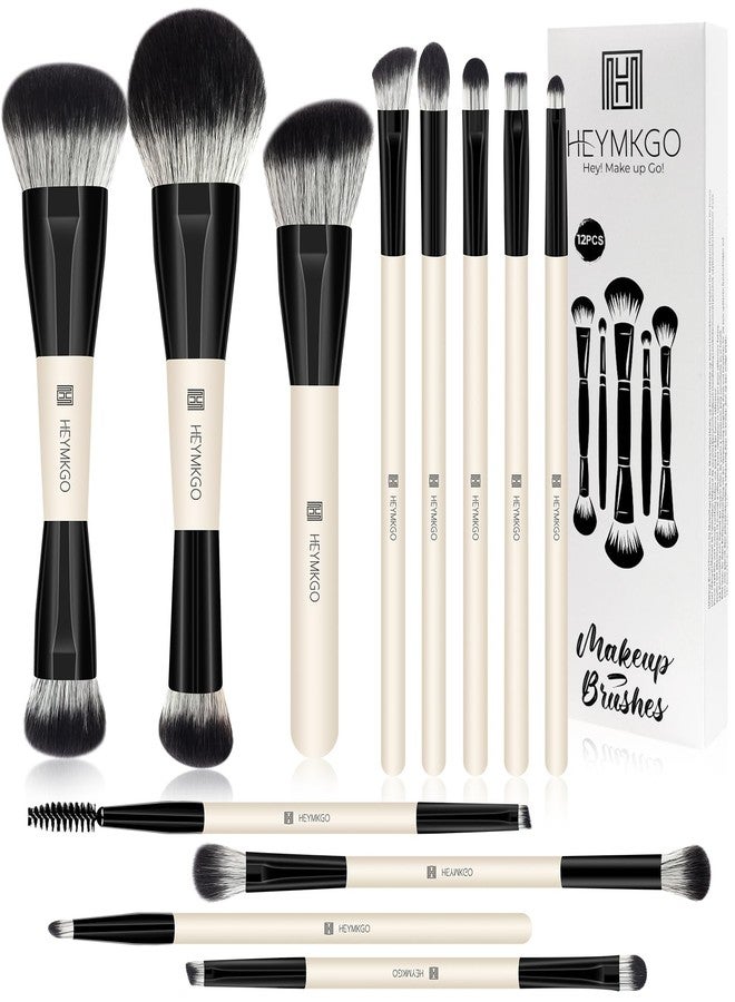 HEYMKGO Makeup Brushes Set, 12Pcs Professional Dual-ended Foundation Contour Powder Eyeshadow Brushes for Liquid, Cream, Powder for Blending Face Brush Tools - Bag Included, Great for Travel, Black - Image 1